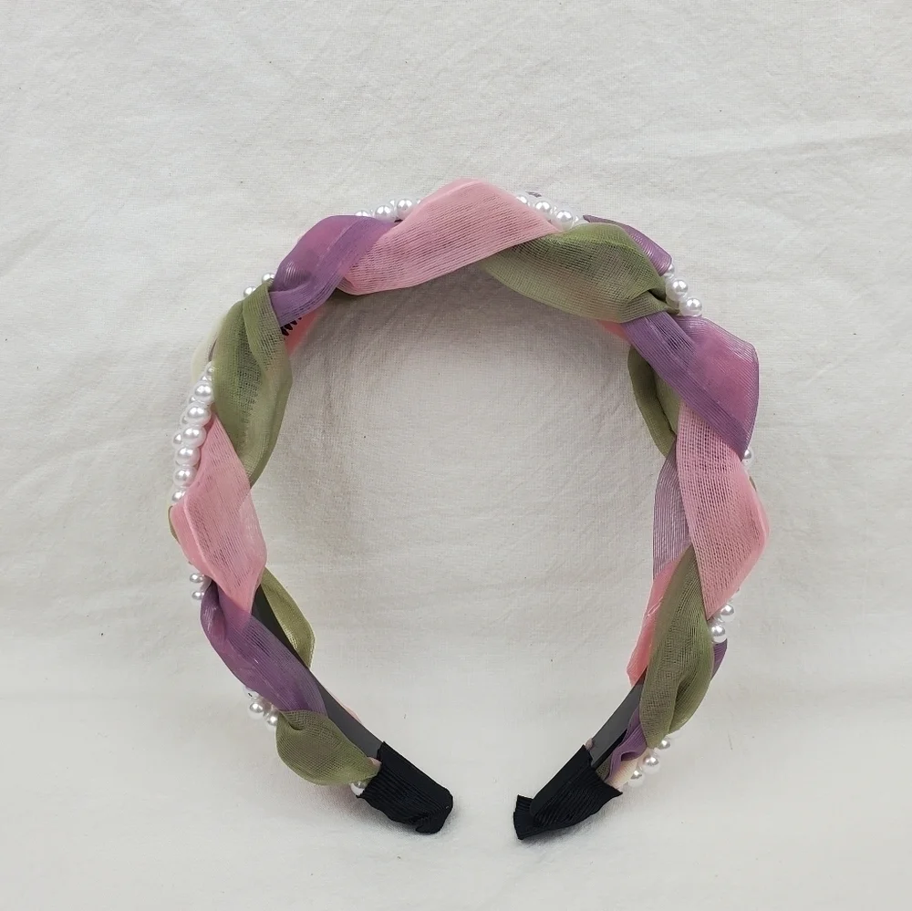 Faux pearl wide braided color block headband hair accessories